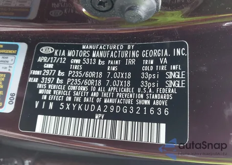 2013 Kia Sorento Ex V6 from USA, damaged, VIN 5XYKUDA29DG321636